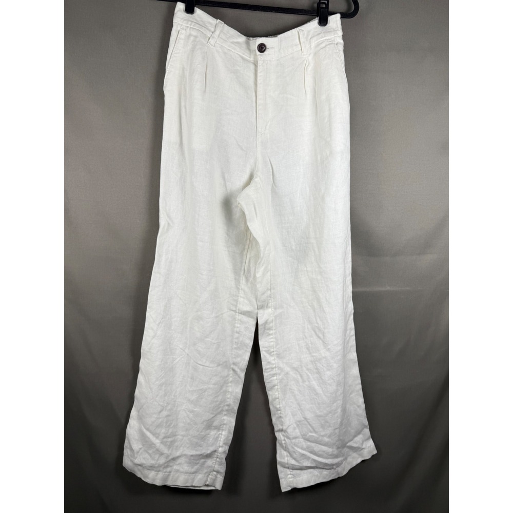 Lands End Linen Wide Leg Pants Womens 8 White High Rise Pleated Trousers